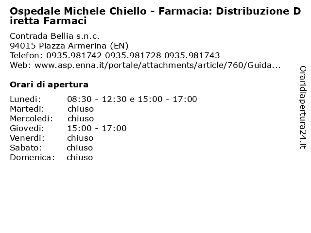 Orari di apertura Ospedale Michele Chiello Farmacia